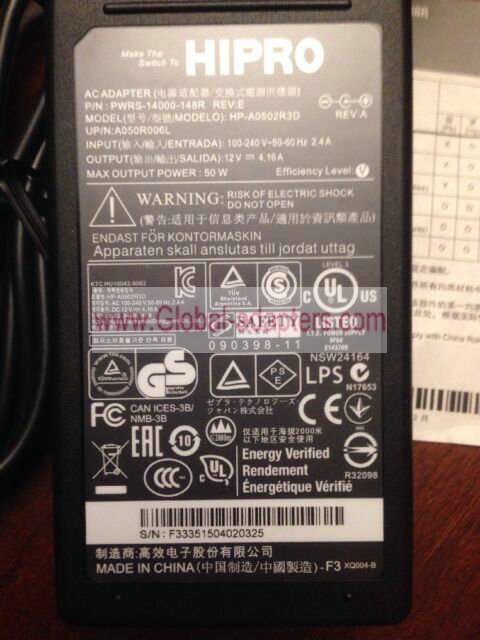 Brand New HIPRO Motorola Symbol PWRS-14000-148R Power Supply 12V 4.16Amp HP-A0502R3D ac adapter - Click Image to Close